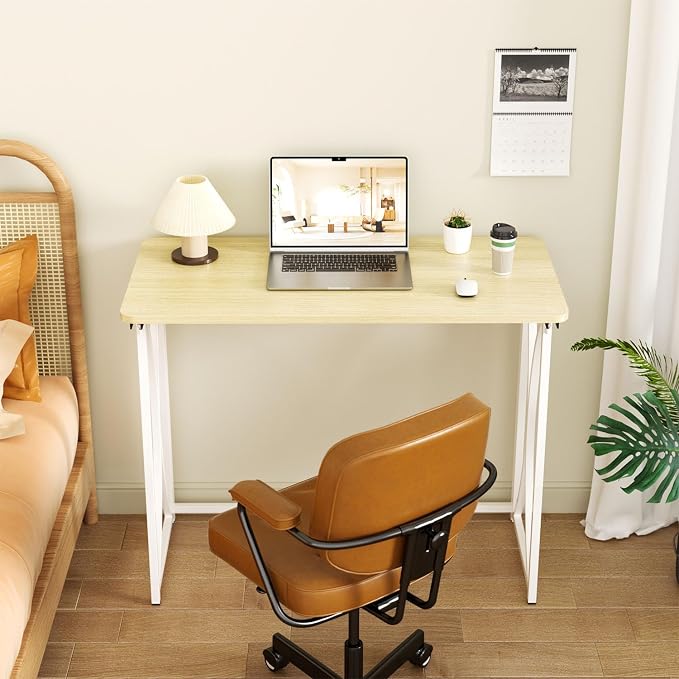 Folding Desk, 31.5" Small Desk for Bedroom, Space Saving Foldable Computer Desk for Home Office, Easy Assembly, Beige