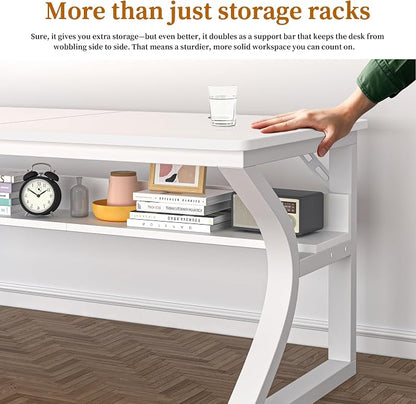 47 inch Computer Desk, Home Office Desk with Storage Shelf, Sturdy U-Shaped Metal Frame Study Table with Cable Management, Gaming Desk for Office & Bedroom (White, 47inch)