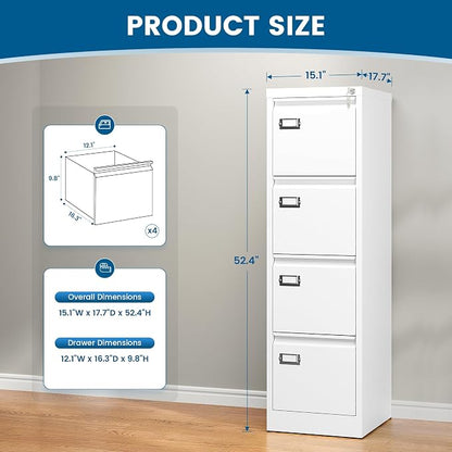 PEUKC 4-Drawer File Cabinet, 16.3" Deep Vertical Filing Cabinet with Lock, Metal File Cabinet for Home Office, Anti-Tip 4 Storage Drawers for Letter/Legal/A4/F4 Size (Assemble Required, White)