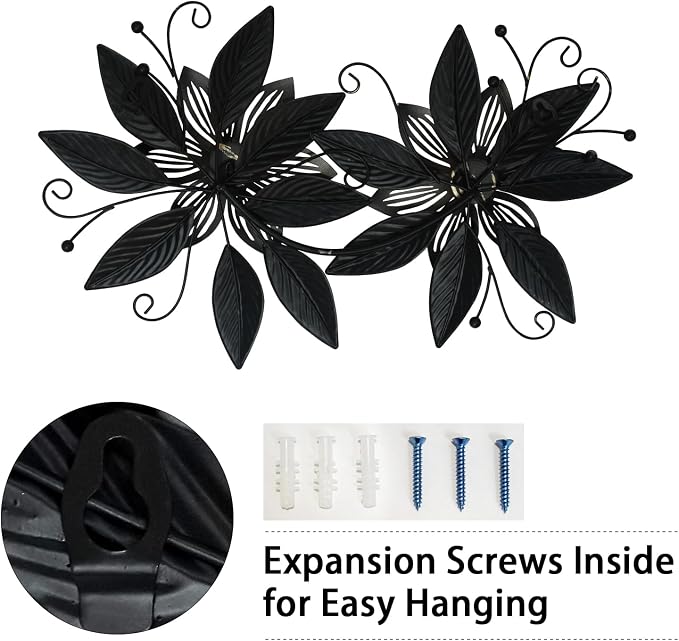 LIFFY Black Wall Decor,15" 3D Multi-layer Metal Flowers Wall Decor, Rustic Modern Floral Sculpture for Indoor Kitchen Bedroom Living Room Office Outdoor Garden Patio