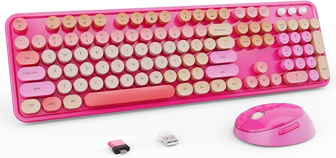 Nowlike Wireless Keyboard and Mouse Combo, Retro Typewriter Keyboard with Round Keycaps, Full-Size Ergonomic, Red, Ideal for Windows PC, Home, Office, and College, Wireless Keyboard Mouse Combo