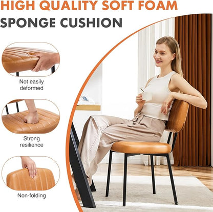 Sweetcrispy Dining Chairs Set of 6, Upholstered Mid Century Modern Kitchen Accent Chairs with Faux Leather Cushion Seat & Metal Legs for Home Office, Living Room - Brown