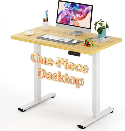 SANODESK Electric Standing Desk 40 x 24 Inches Whole-Piece Desktop Height Adjustable Stand Up Desk w/6-Button Controller Ergonomic Computer Desk for Home Office, White Frame + Natural Tabletop