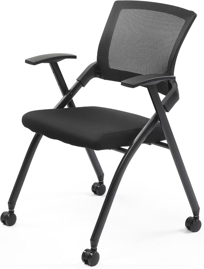 Stackable Conference Room Chair with Wheels, Folding Office Chair with Rebound Back & Padded Seat, 350 lb Capacity, Black – Ideal for Training, Guest, Reception & Event Seating