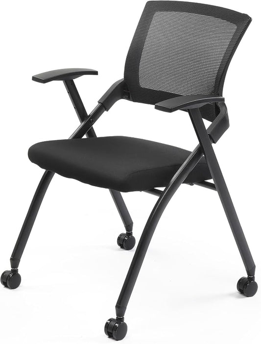 Stackable Conference Room Chair with Wheels, Folding Office Chair with Rebound Back & Padded Seat, 350 lb Capacity, Black – Ideal for Training, Guest, Reception & Event Seating