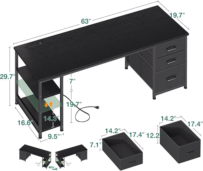 AODK 63 Inch Computer Desk with Drawers & USB Power Outlets, Reversible Home Office Desk with Storage Shelves, Work from Home, Modern Work/Writing/Study Table for Bedroom, Black