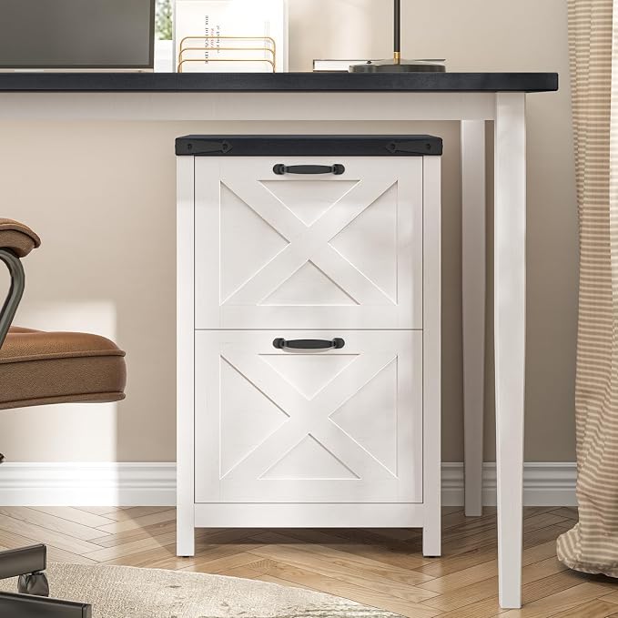 Halitaa 2 Drawer Small File Cabinet, Farmhouse Vertical Filing Cabinet Fits Letter and A4 Size, Under Desk Wooden File Cabinets for Home Office, Printer Stand, White and Black