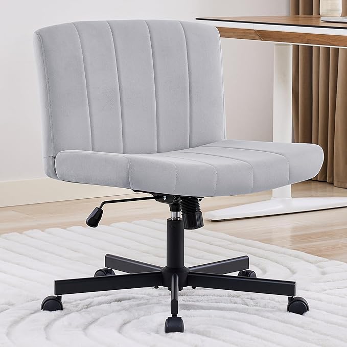 amseatec Criss Cross Chair, Wide Cross Legged Desk Chair with Wheels, Comfy Fabric Vanity Chair for Home Office, Adjustable Armless Swivel Task Chair with 90–115°Tilt（300Lbs/Gray）