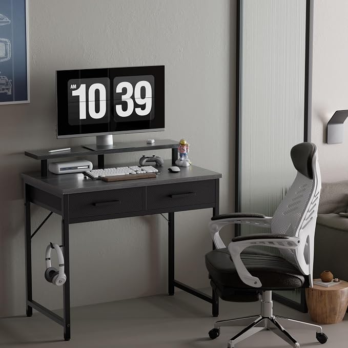 Pamray 32 Inch Small Computer Desk with Monitor Stand Home Office Desks with 2 Drawers for Bedroom Study Writing and Work Table for Small Spaces Grey