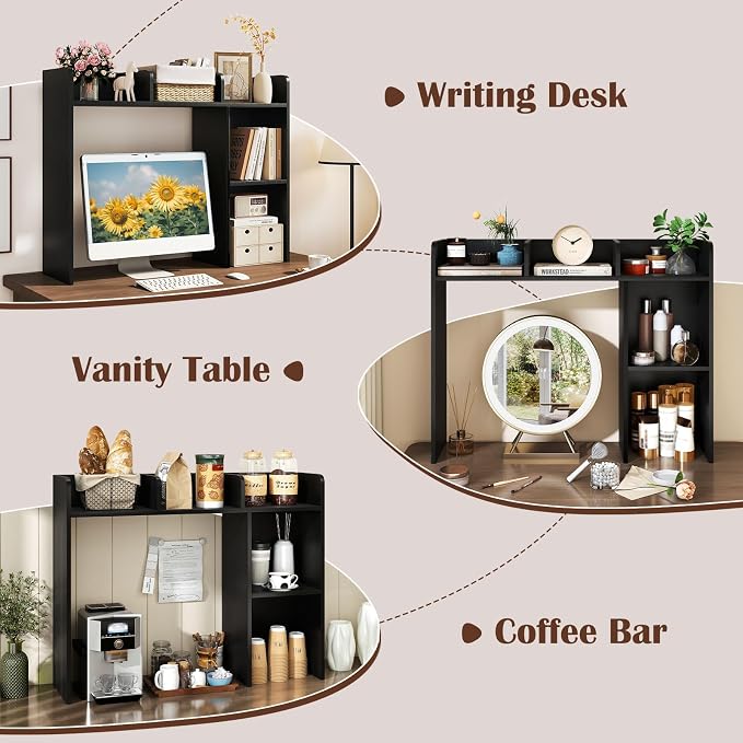 LDAILY Desktop Shelf, Multipurpose Wood Desk Hutch for Max 27" Computer Monitor, Countertop Storage Hutch with 5 Shelves, 3 Tier Desktop Display Rack for Dorm Office Home(Black)