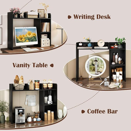 LDAILY Desktop Shelf, Multipurpose Wood Desk Hutch for Max 27" Computer Monitor, Countertop Storage Hutch with 5 Shelves, 3 Tier Desktop Display Rack for Dorm Office Home(Black)