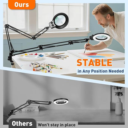 KIRKAS 12X & 30X Magnifying Glass with Light and Stand, Extra-Long Arm Magnifying Lamp Overhead Knob for Workbench, Craft, LED Lighted Magnifier Real Glass Lens Stepless Dimming and Color(35in Clamp)
