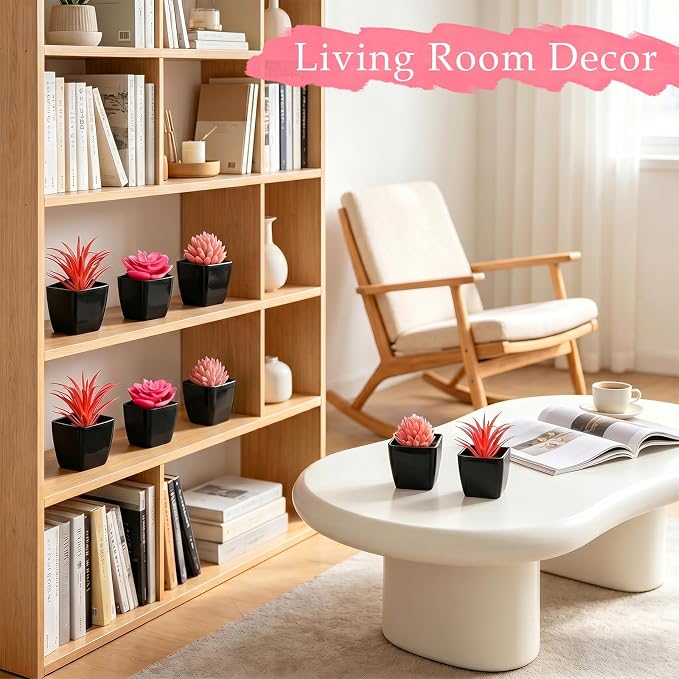 6 Pcs Pink Artificial Succulent Plants in Black Pots, Small Fake Succulents for Pink Room Decor Bathroom Decor Office Desk, Lifelike Faux Plants with Minimalist Modern Aesthetic