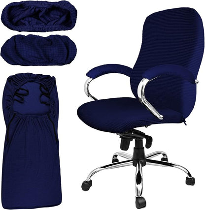 Tatuo 3 Pcs Computer Office Chair Cover Universal Rotating Chair Slipcovers Protector Removable Washable Office Armrest Covers with Zipper for High Back Seat Backrest(L,Waffle,Navy Blue)