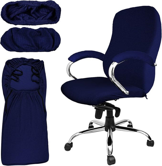 Tatuo 3 Pcs Computer Office Chair Cover Universal Rotating Chair Slipcovers Protector Removable Washable Office Armrest Covers with Zipper for High Back Seat Backrest(L,Waffle,Navy Blue)