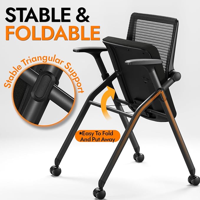 Foldable Office Chair with PU Wheels and Smooth Armrest-Ergonomic Mesh Bouncing Back, Stackable Conference Room Chair, Office Guest & Reception & Meeting Chair (Black)