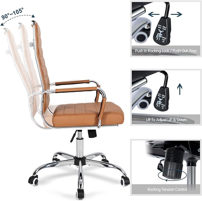 Home Office Chair Ribbed, Modern Leather Conference Room Chairs, Ergonomic Office Desk Chair, High Back Executive Computer Chair, Adjustable Swivel Chair with Arms (Brown)