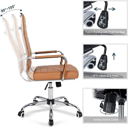 Home Office Chair Ribbed, Modern Leather Conference Room Chairs, Ergonomic Office Desk Chair, High Back Executive Computer Chair, Adjustable Swivel Chair with Arms (Brown)