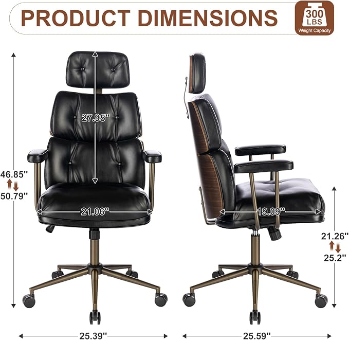 Mid-Century Modern Ergonomic Office Chair,High Back Faux Leather Executive Desk Chair with Walnut Bentwood & Headrest,Adjustable Swivel Computer Chair for Home Office,Black