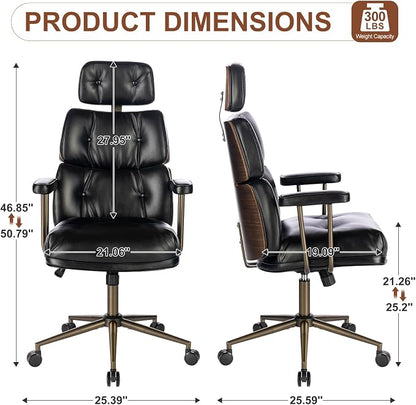 Mid-Century Modern Ergonomic Office Chair,High Back Faux Leather Executive Desk Chair with Walnut Bentwood & Headrest,Adjustable Swivel Computer Chair for Home Office,Black