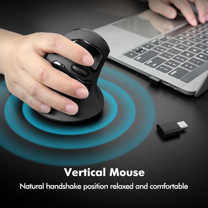 MicroPack Ergonomic Mouse, Vertical Wireless Mouse with USB A & Type-C Receiver, Ergo Design Reduces Muscle Strain, 6 Buttons 800/1200/1600 DPI Mouse for Windows, Mac, PC, Laptop, Black