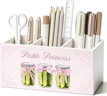 Pink Coquette Bow Pickle Pen Pencil Holder for Desk, Pickle Lovers Gifts for Women, Preppy Pink Girly Wooden Box Sign Decorations for Girls Bedroom Room Dorm Desk Tabletop