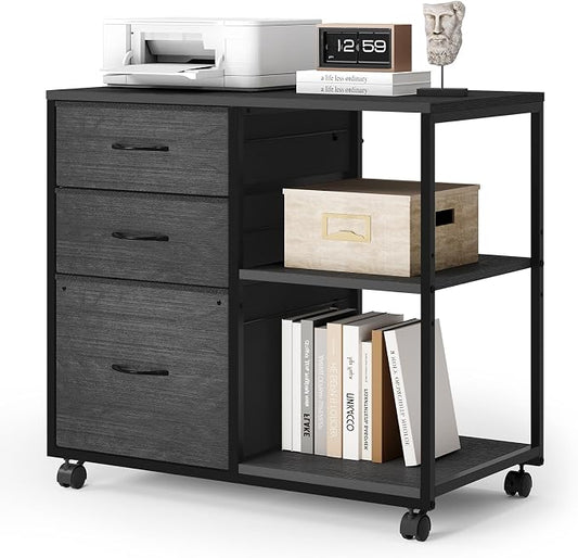 VINGLI 3 Drawer File Cabinet with Wheels Under Desk Printer Stand, Rolling File Cabinet with Shelves Adjustable, Mobile Lateral Filing Cabinet for Home Office, Fits Letter Size, Black