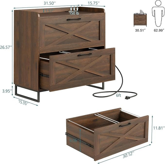 Vabches Lateral File Cabinet 2 Drawer File Cabinet with Charging Station, Modern Farmhouse Large Wood File Storage Cabinet for Home Office Furniture(Dark Walnut)