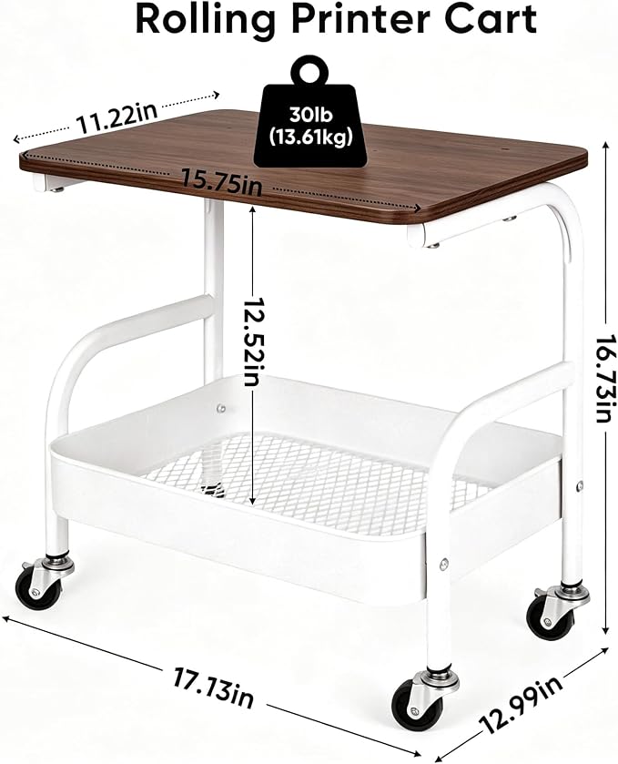 Under Desk Printer Stand with Storage 2 Tier Rolling Printer Cart with Wheels, Mobile Short Under Shelf Storage Small RollingTable Cart for Home and Office, White