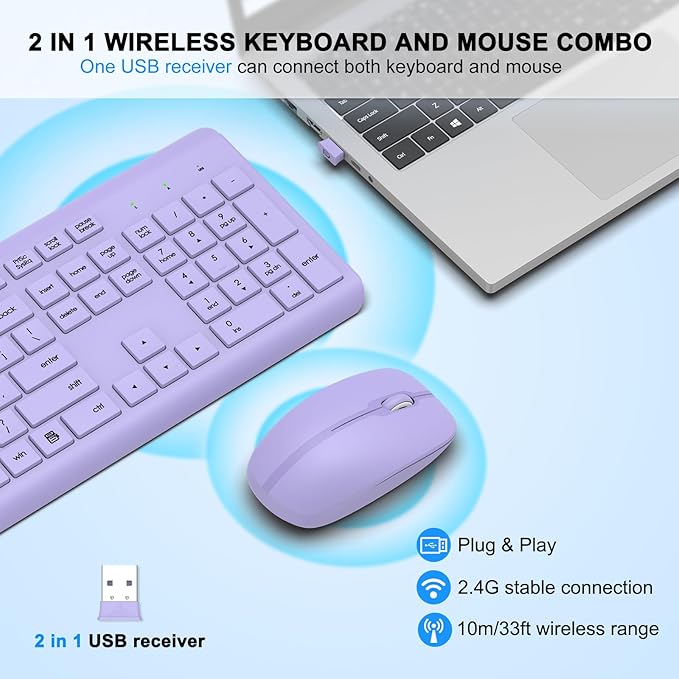 Wireless Keyboard and Mouse Combo, Full-Size Silent Ergonomic Keyboard and Optical Mouse, Long Battery Life, 2.4G Lag-Free Mice Keyboard for Computer, Mac, Laptop, PC, Windows(Purple)