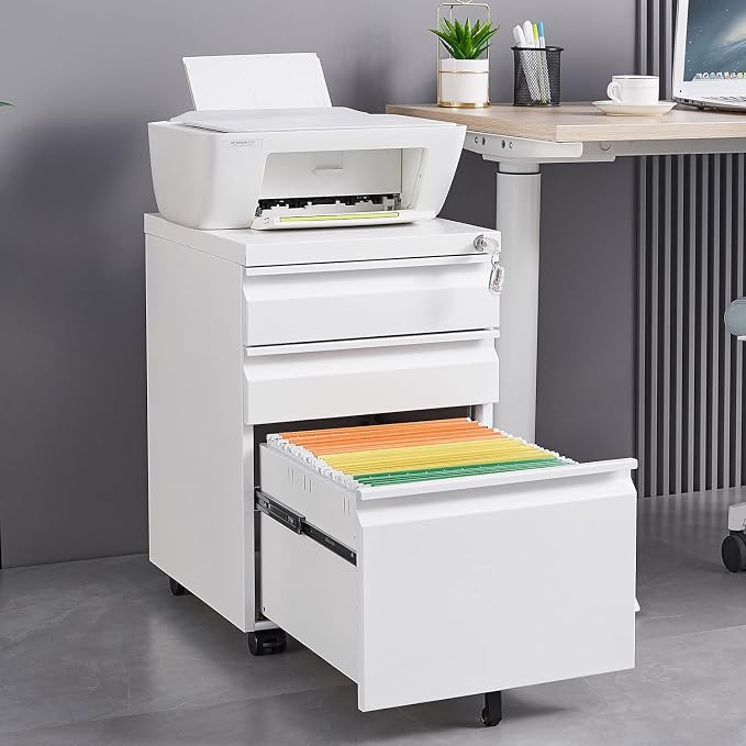 3-Drawer Mobile File Cabinets Black File Cabinet Under Desk Metal Filing Cabinet Rolling Metal Filing Cabinet for Legal and Letter Files with Anti-Tilt Design with Locking Fully Assembled (White)
