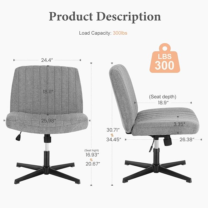 OLIXIS Criss Cross Legged Chairs Armless No Wheels Wide Seat Height Adjustable Swivel Padded Fabric Home Office Desk Seating for Bedroom, Student, Study Room