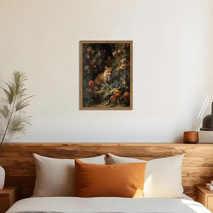 Vintage Fox Canvas Wall Art, Dark Academia Floral Decor, Nature Botanical Animal Painting, Farmhouse Fox Picture Print, Aesthetic Wall Decor for Living Room Bedroom 8x10 inch Wood Framed