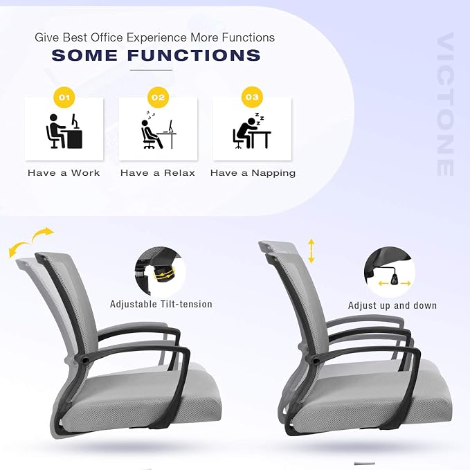 VICTONE Home Office Desk Chair Task Mid Back Mesh Office Chair Ergonomic Swivel Lumbar Support Desk Computer Chair (Gray)