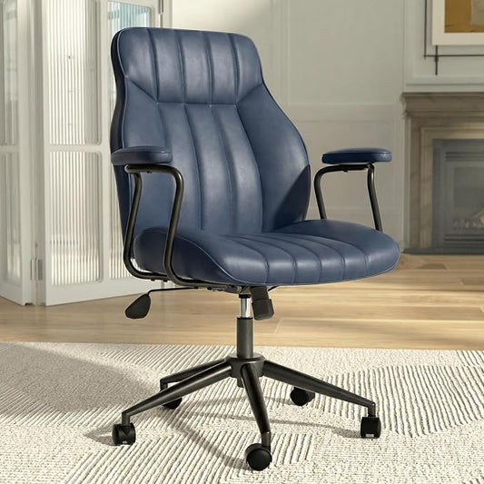 Blue Leather Office Chair, Mid Century Home Office Desk Chair | Ergonomic Curve Design, Removable Padded Arms, Height Adjustable Swivel Seat & Smooth Wheels, Vintage Mid-Back Computer Chair