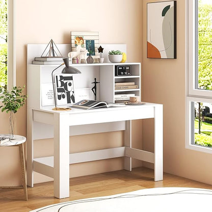 GOFLAME Computer Desk with Hutch, Wooden Writing Desk with Anti-Toppling Device, Cable Management Hole, Modern Home Office Workstation PC Laptop Table for Small Space, White