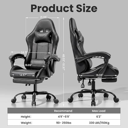 Gaming Chair, Ergonomic Computer Chair with Footrest and Lumbar Support, Height Adjustable Office Chair with 360° Swivel Seat and Headrest (Black)