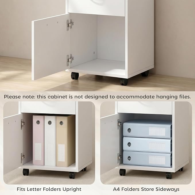 HOMCOM Mobile Storage Cabinet Organizer with Drawer and Cabinet, Printer Stand with Castors, White