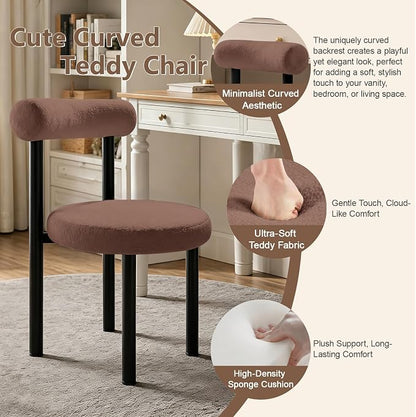 Cute Small Armless Desk Chair, Ergonomic Comfy Vanity Chairs Lumbar Support with Back for Makeup, Teddy Fabric Computer Desk Chair for Home, Bedroom, Vanity, Teens, Adults