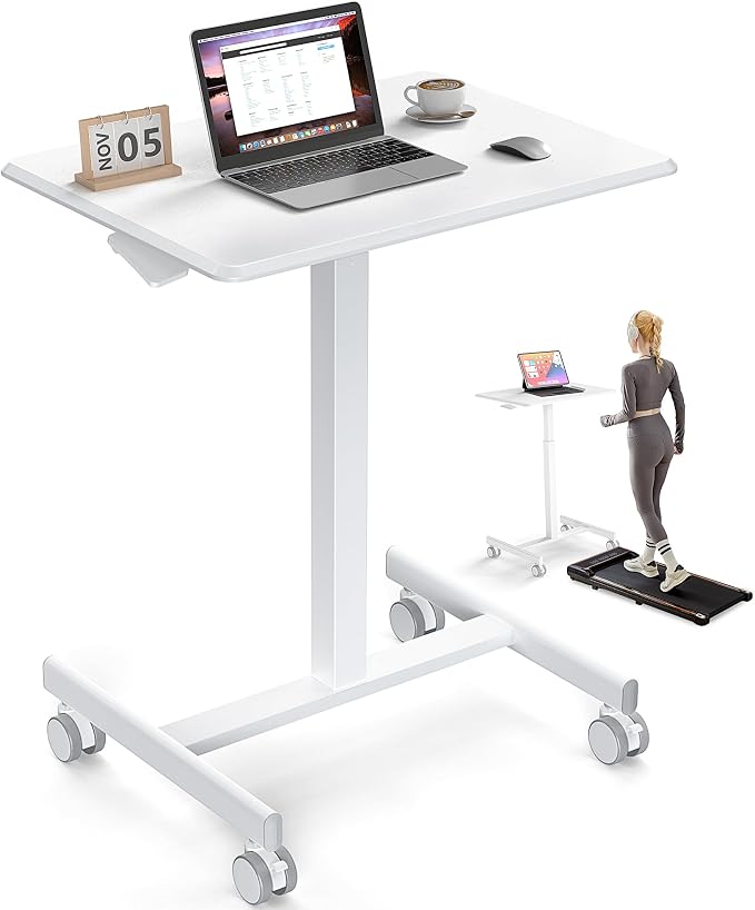 DUMOS Mobile Rolling Desk with Wheels Adjustable Height Small Standing Desks Portable Laptop PC Table Computer Workstation for Home Office Small Space White