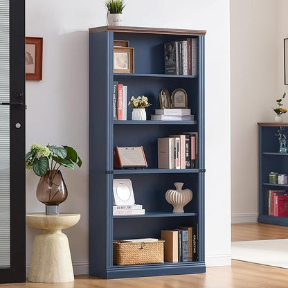 RWYHG 70" Blue Tall Bookshelf Set of 2,5-Tier Thick Wooden Book Shelf with Adjustable Shelves,Free Standing Farmhouse Bookcase with Open Display Storage,Floor Vintage Bookshelves for Living Room