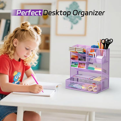 Mesh Pen Organizer for Desk - Multi-Functional Pencil Holder with Drawer Desk Organizers, Large Capacity Storage for School Office Home Supplies (Purple)