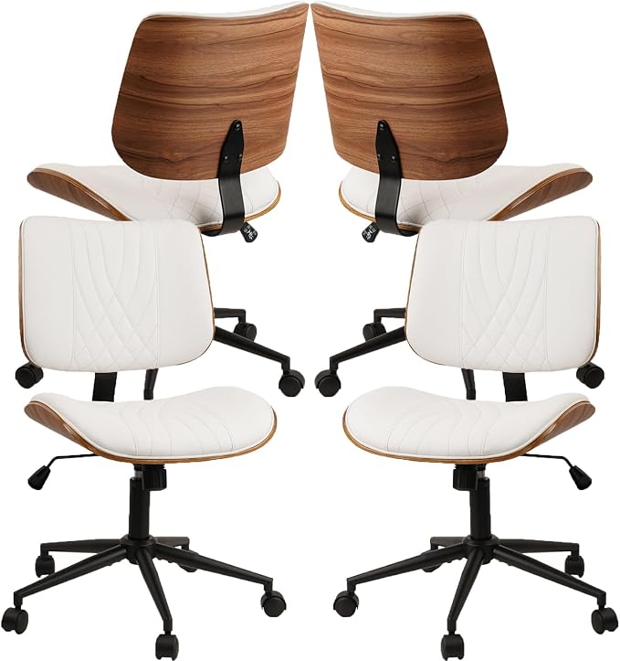 CLATINA Armless Home Office Chair, Desk Chair with Wheels, Adjustable Height Reading Chairs, Leather Mid Back & Swivel Computer Chairs, Modern Walnut with Back for Study Meeting Room(White) 4Pack
