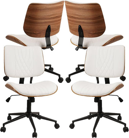 CLATINA Armless Home Office Chair, Desk Chair with Wheels, Adjustable Height Reading Chairs, Leather Mid Back & Swivel Computer Chairs, Modern Walnut with Back for Study Meeting Room(White) 4Pack