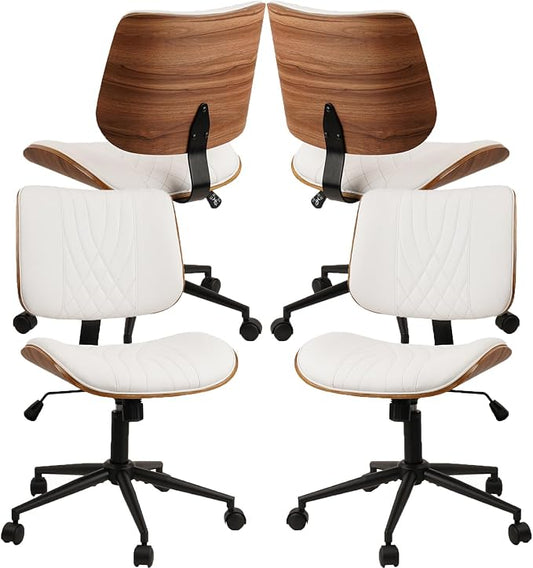 CLATINA Armless Home Office Chair, Desk Chair with Wheels, Adjustable Height Reading Chairs, Leather Mid Back & Swivel Computer Chairs, Modern Walnut with Back for Study Meeting Room(White) 4Pack