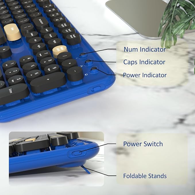 Colorful Wireless Keyboard and Mouse Combo, Retro Typewriter Style Round Keys, 2.4GHz Ergonomic Aesthetic Computer Keyboard with Wrist Rest for Mac, Windows, Laptop, PC(Klein Blue)