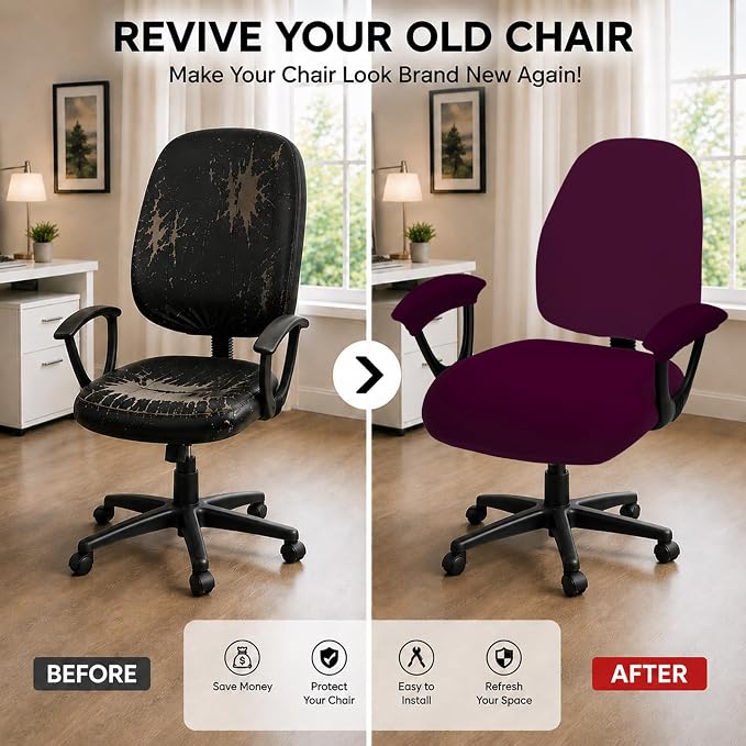Stretchable Desk Office Chair Seat Covers - Universal Spandex Computer Chair Slipcover - Removable Washable Rotating Backrest Coverings & Cushion Protectors & Armrest Covers for Dogs, Cats, Pets, Plum