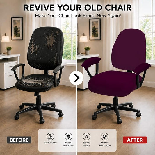 Stretchable Desk Office Chair Seat Covers - Universal Spandex Computer Chair Slipcover - Removable Washable Rotating Backrest Coverings & Cushion Protectors & Armrest Covers for Dogs, Cats, Pets, Plum