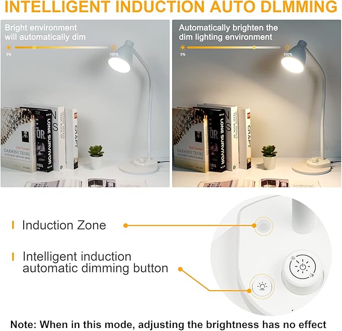 BOHON LED Desk Lamp with USB Charging Port, 3 Color Modes Dimmable, White | Reading Lamp, Auto Dimming Task Lamp, Flexible Neck Table Light for Dorm Bedside, Adapter Include