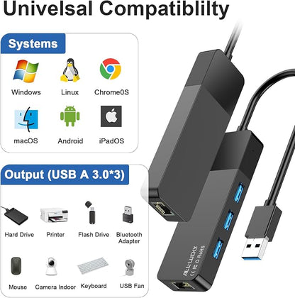 ALL-LUCKY USB Hub with Ethernet Adapter, 4-in-1 USB 3.0 Gigabit Network Hub (1000Mbps, 3×USB 3.0 + RJ45), Plug and Play for Laptop/PC/MacBook/Surface Pro/Dell XPS/HP, Windows/Mac OS/Chrome OS